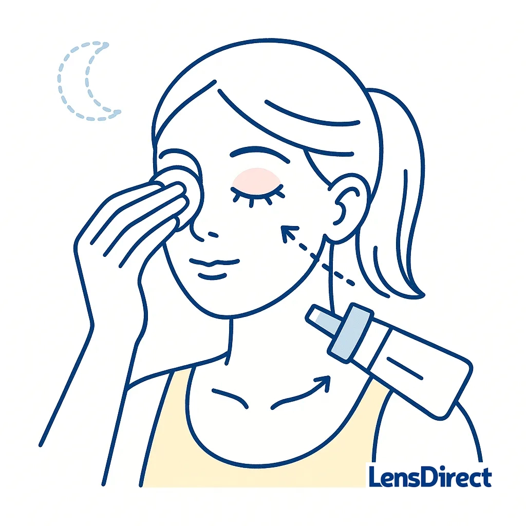 Nighttime removal illustration: woman cleans eyelids with a cotton pad and gentle cleanser, wiping downward before removing contact lenses.