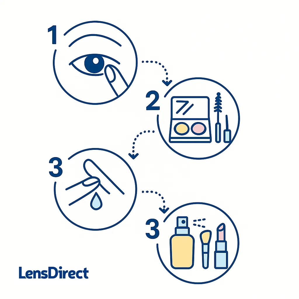 Three‑step routine: insert contacts, apply eye makeup, remove lenses after moisturizing drop, then finish with setting spray and lip color.