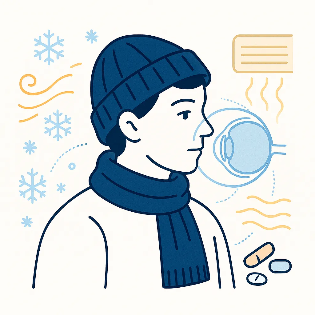 Modern line art of a contact lens wearer facing cold wind and dry heated air with tear film overlay, illustrating winter dry eye causes.