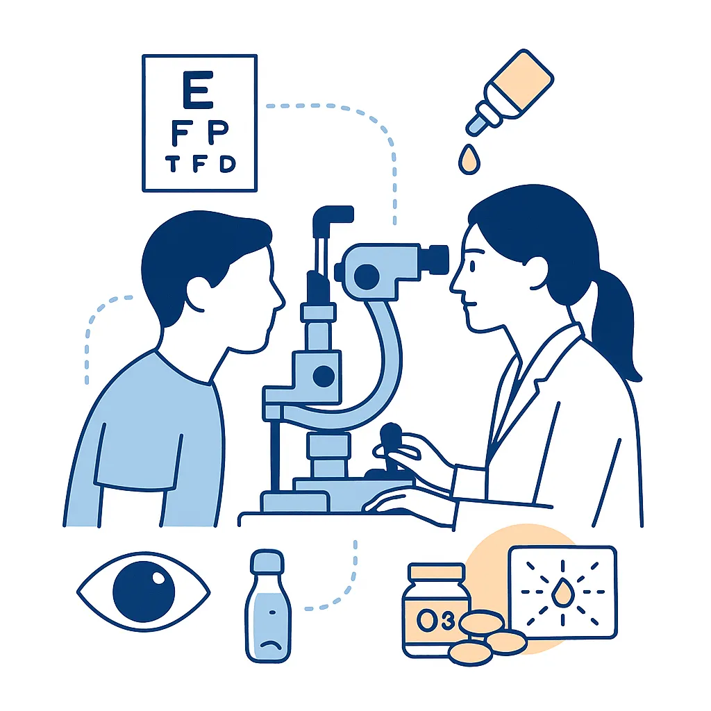 Illustration of an optometrist examining a patient with icons of medicated drops, omega supplements, and evaluation tools linked by dotted lines.
