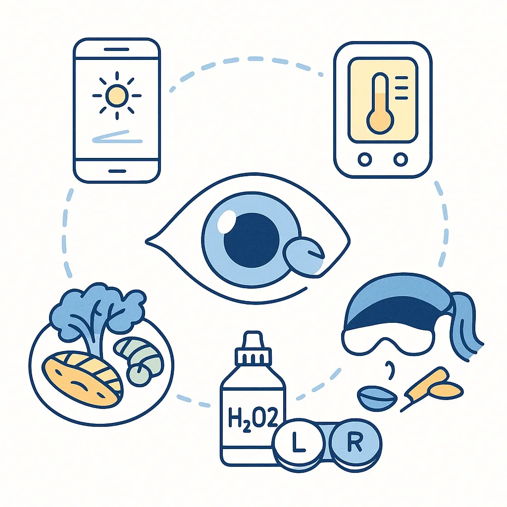 Circular infographic of bonus winter eye comfort tips, including screen settings, room temperature, omega‑rich foods, sleep mask and lens care.