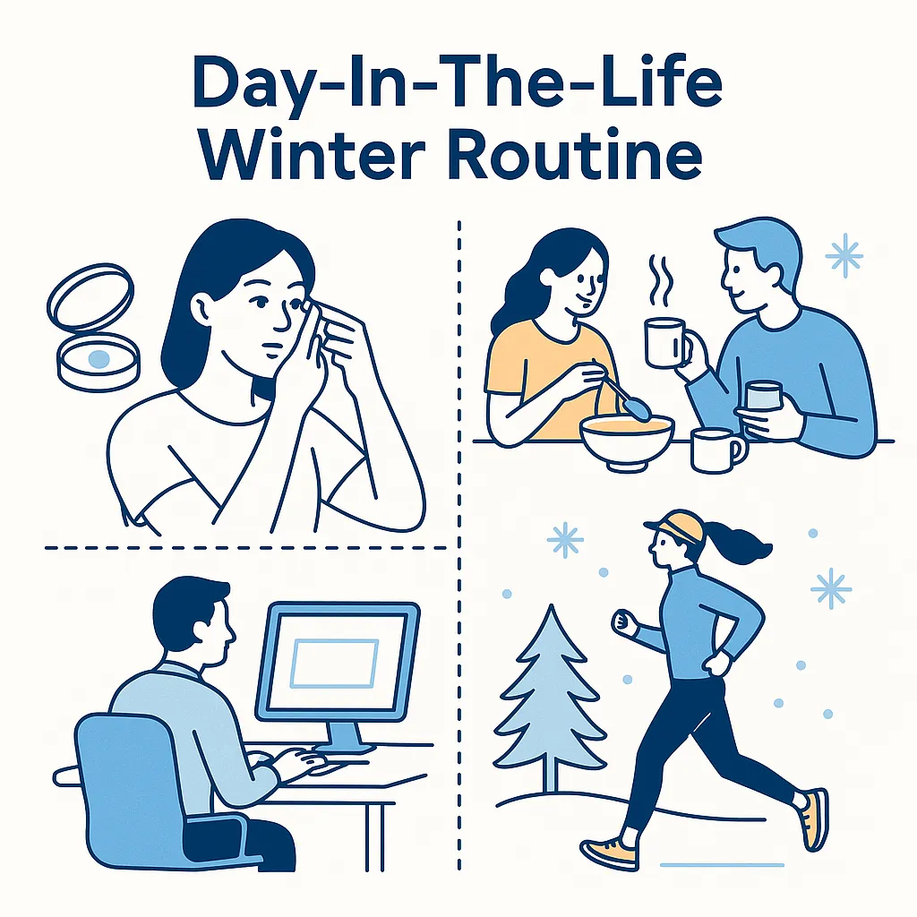 Collection of icons representing a daily winter routine such as contact lens packaging, soup, running outdoors, laptop work, water bottle, clock and sleep mask.