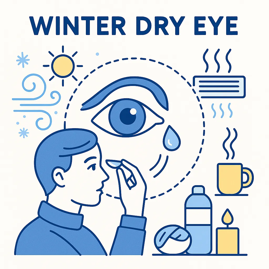 Four‑quadrant illustration around a central eye featuring icons of glasses with cloth, person in wind, irritated person and contact lens packages.