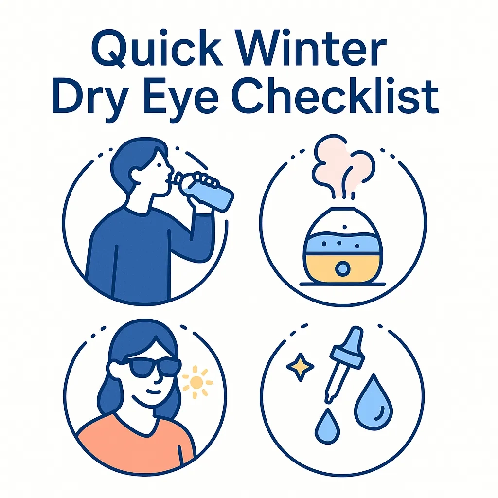 Graphic checklist of winter eye care items like wind‑protected eye, water bottle, sunglasses, eye mask, drops and glasses calendar.