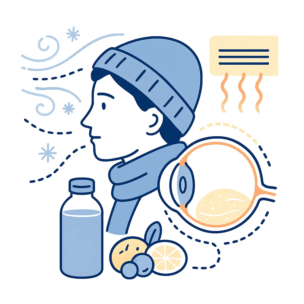Infographic‑style illustration of an eye surrounded by water bottle, fruits and soup icons, connected with dotted lines to promote hydration.