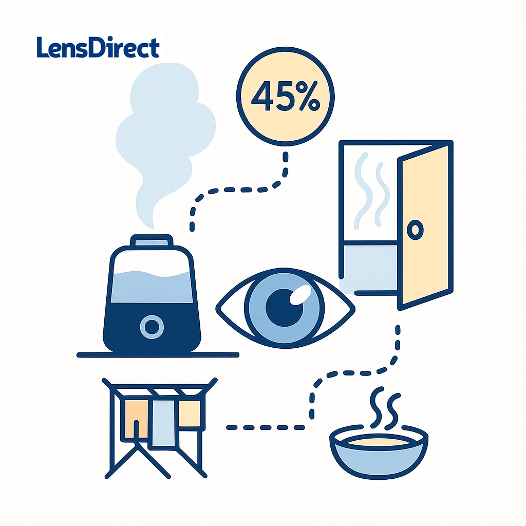 Line art showing a humidifier on a desk with icons of a humidity gauge, drying rack and steamy bathroom door linked by dotted lines.