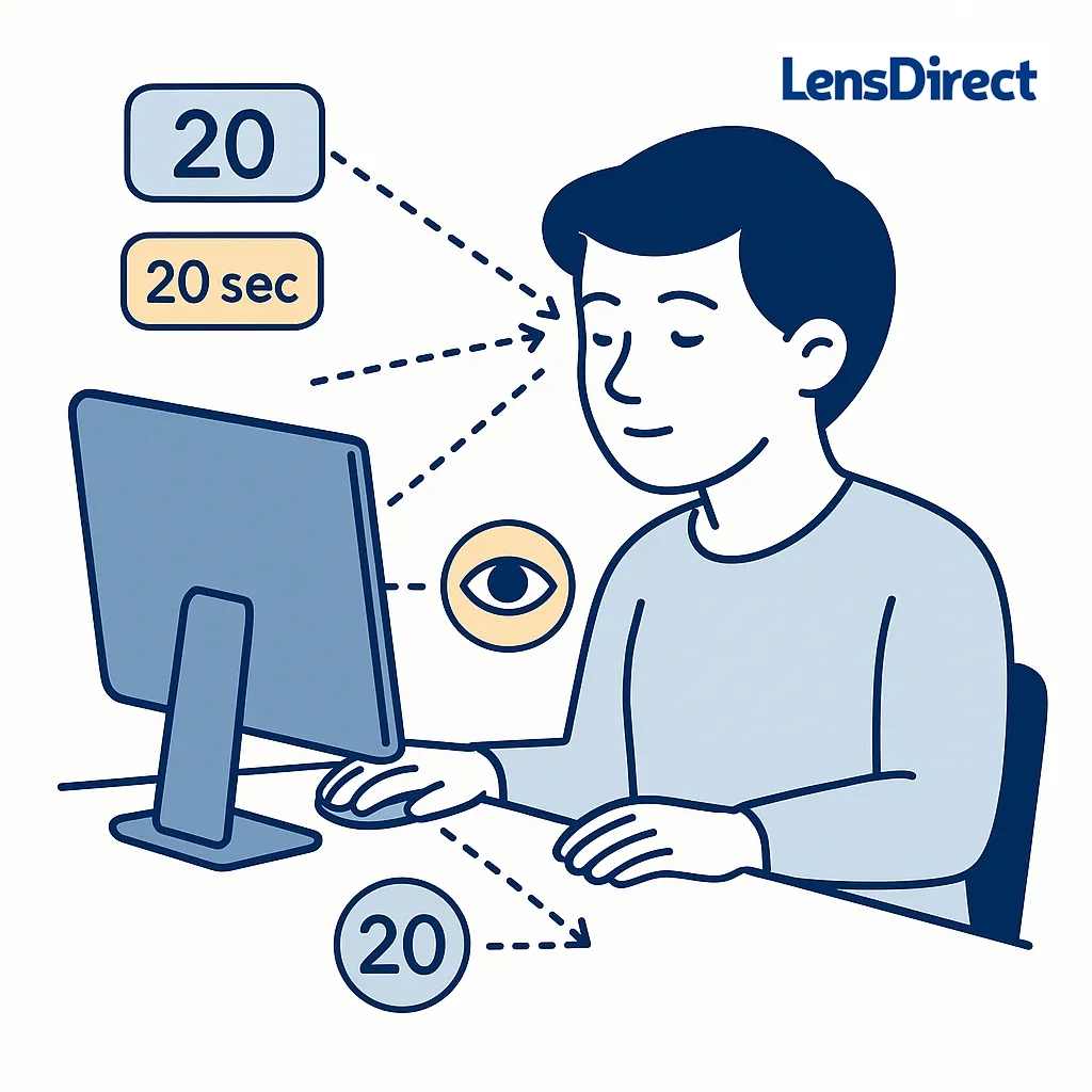 Minimal illustration of a person at a computer following the 20‑20‑20 rule with dotted arrows and 20 numbers around the monitor.