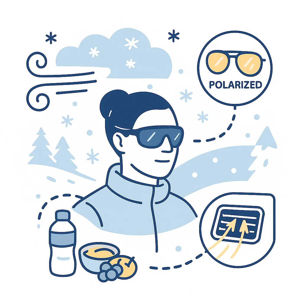 Winter scene of a person wearing wrap‑around sunglasses with wind blocked and icons for polarized lenses and car vent.