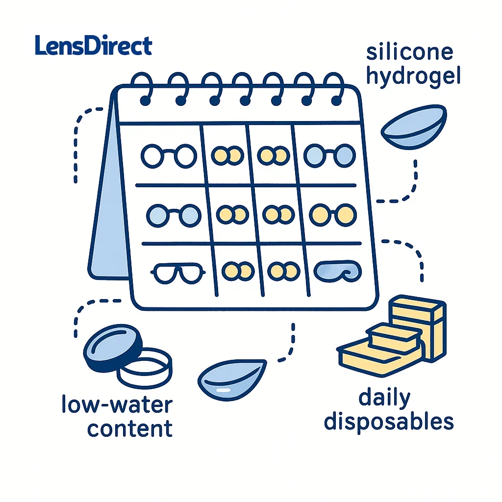 Eye receiving a drop from a vial with surrounding icons of different lubricating drops, including gel and hyaluronic acid formulations.