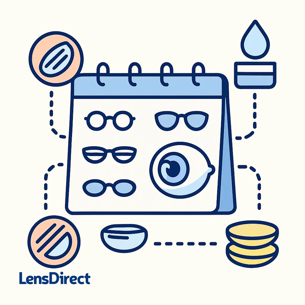 Infographic showing a calendar alternating glasses and contact icons with symbols for silicone hydrogel, low‑water lenses and daily disposables.