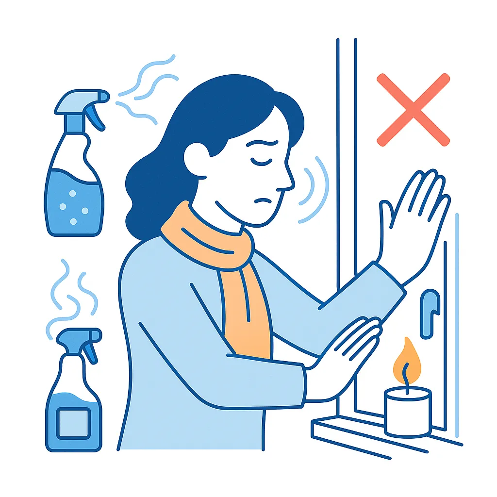 Line art of a person waving away fumes from a spray bottle and scented candles with a red cross, and icons of unscented candles and sealed mask.