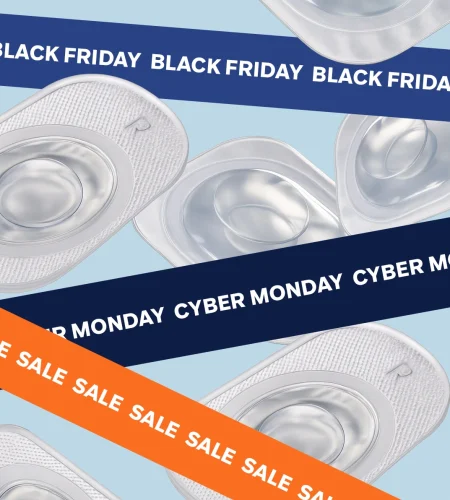 Contact lens blister packs with Black Friday, Cyber Monday, and sale banners over a light blue background.