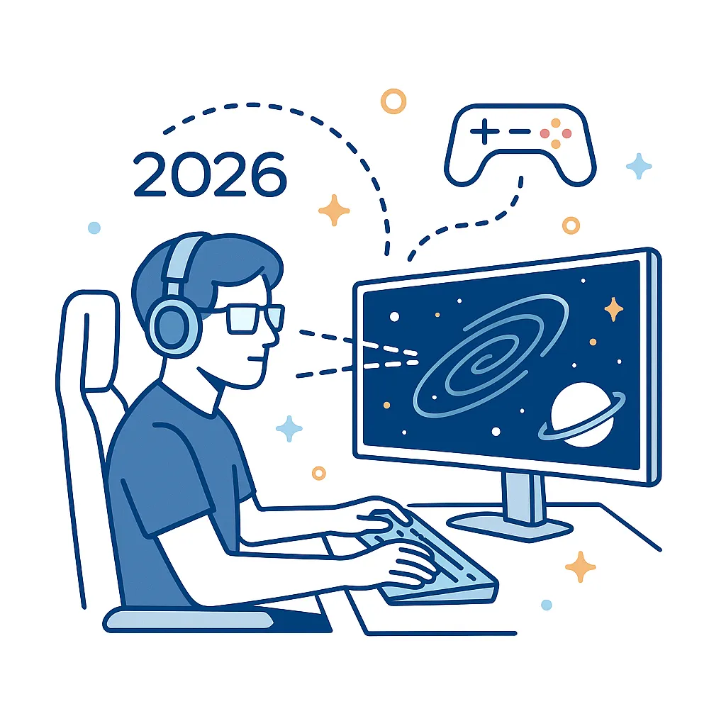 Illustration of a gamer wearing blue light glasses at an ultra-wide monitor with dotted-line connections reflecting the 2026 gaming environment.