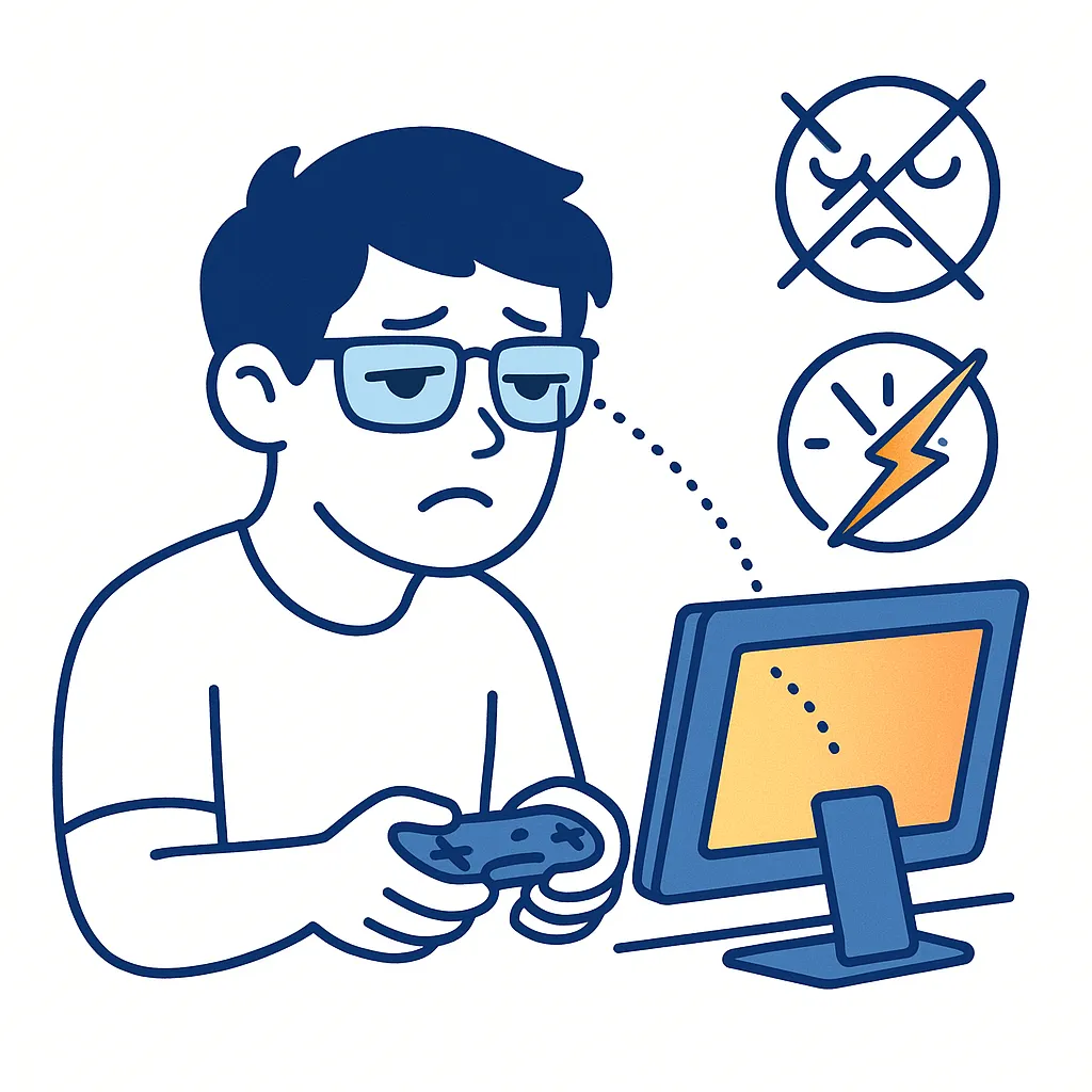 Gamer wearing blue light glasses still displaying tired eyes and performance icons showing glasses don't fix all gaming fatigue.