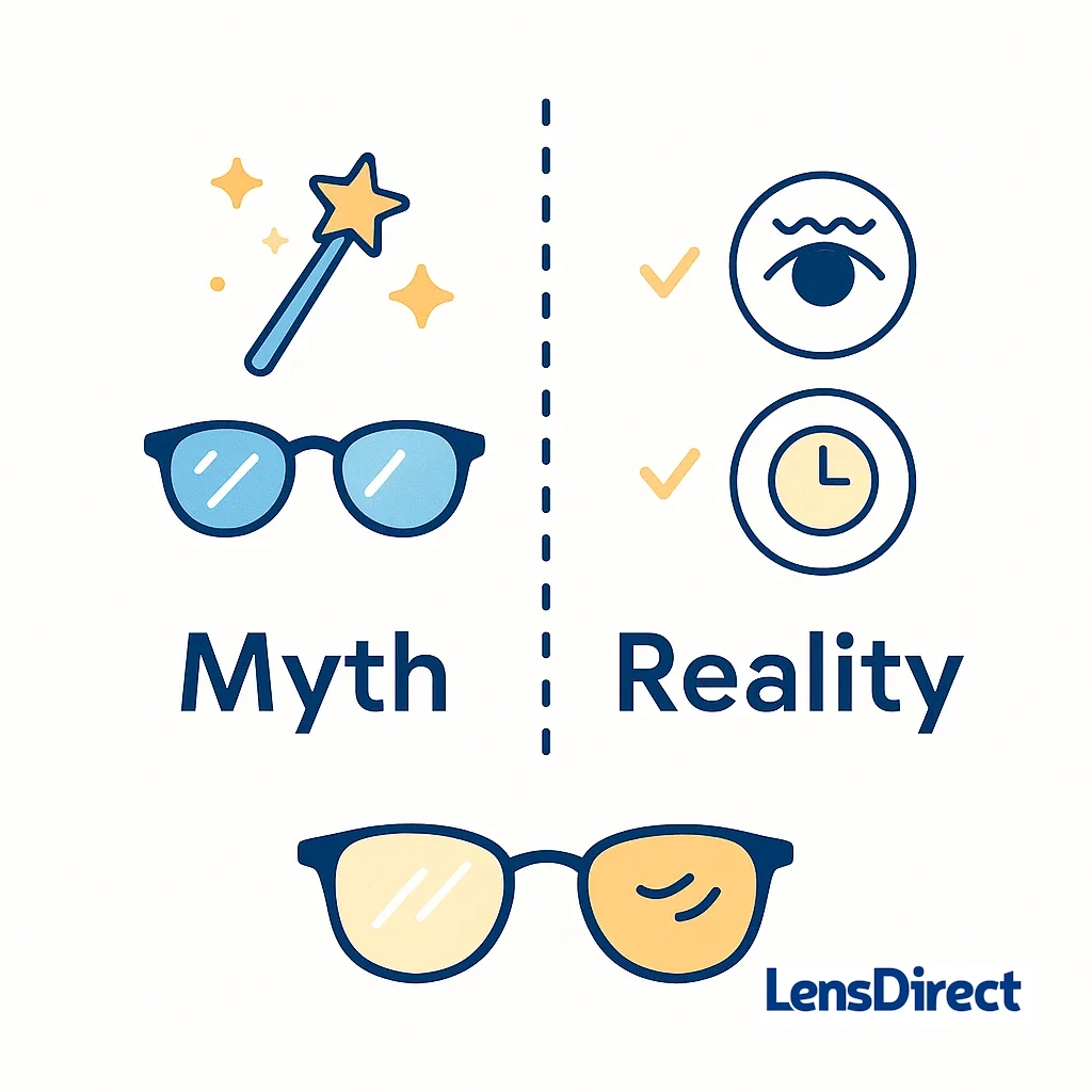 Split panel infographic comparing magical claims against realistic benefits of blue light glasses for gamers.