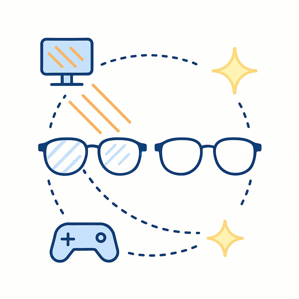 Side by side glasses showing glare versus clear lenses to depict how anti-reflective coatings reduce screen reflections.