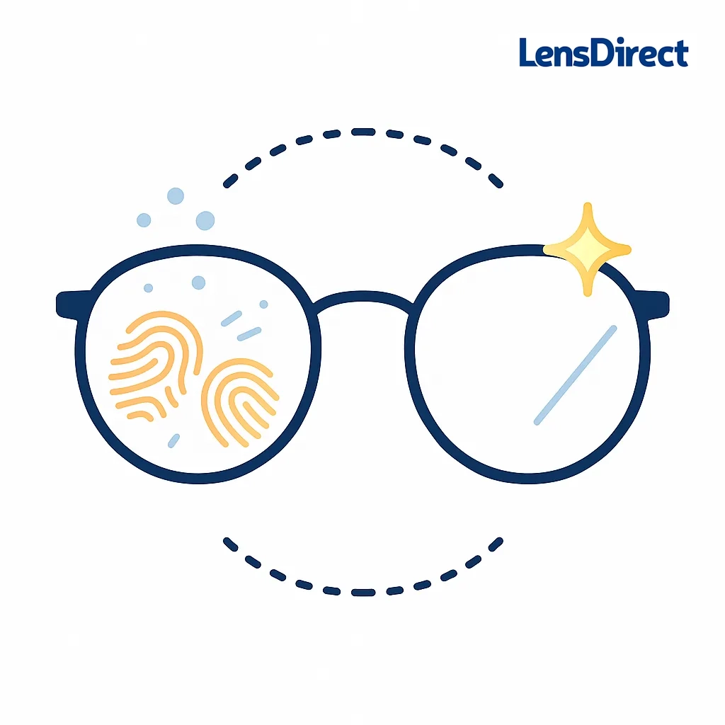 Glasses with one lens covered in fingerprints and the other clean to highlight smudge and dust resistant lens coatings.