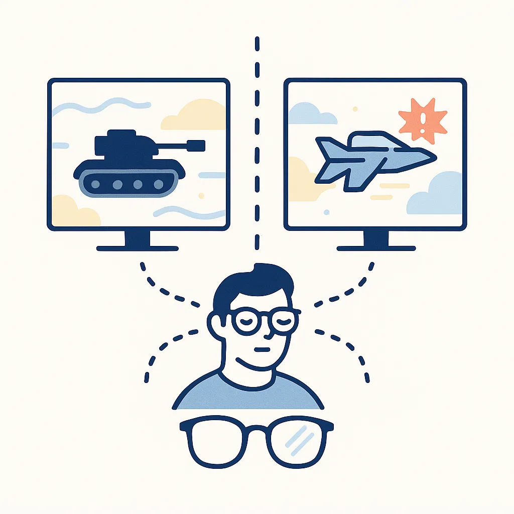 Split illustration of a blurred tank and vivid plane on monitors emphasizing how quality lenses improve clarity and color.
