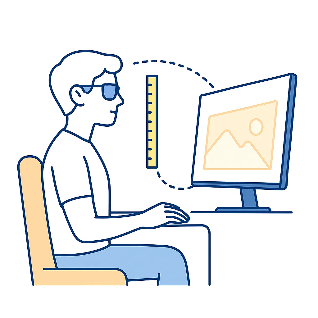 Gamer seated at proper distance from monitor with ruler icon demonstrating correct ergonomic viewing setup.