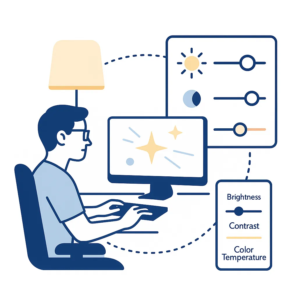 Gaming desk with soft lamp and screen settings sliders to show importance of ambient light and brightness adjustments.