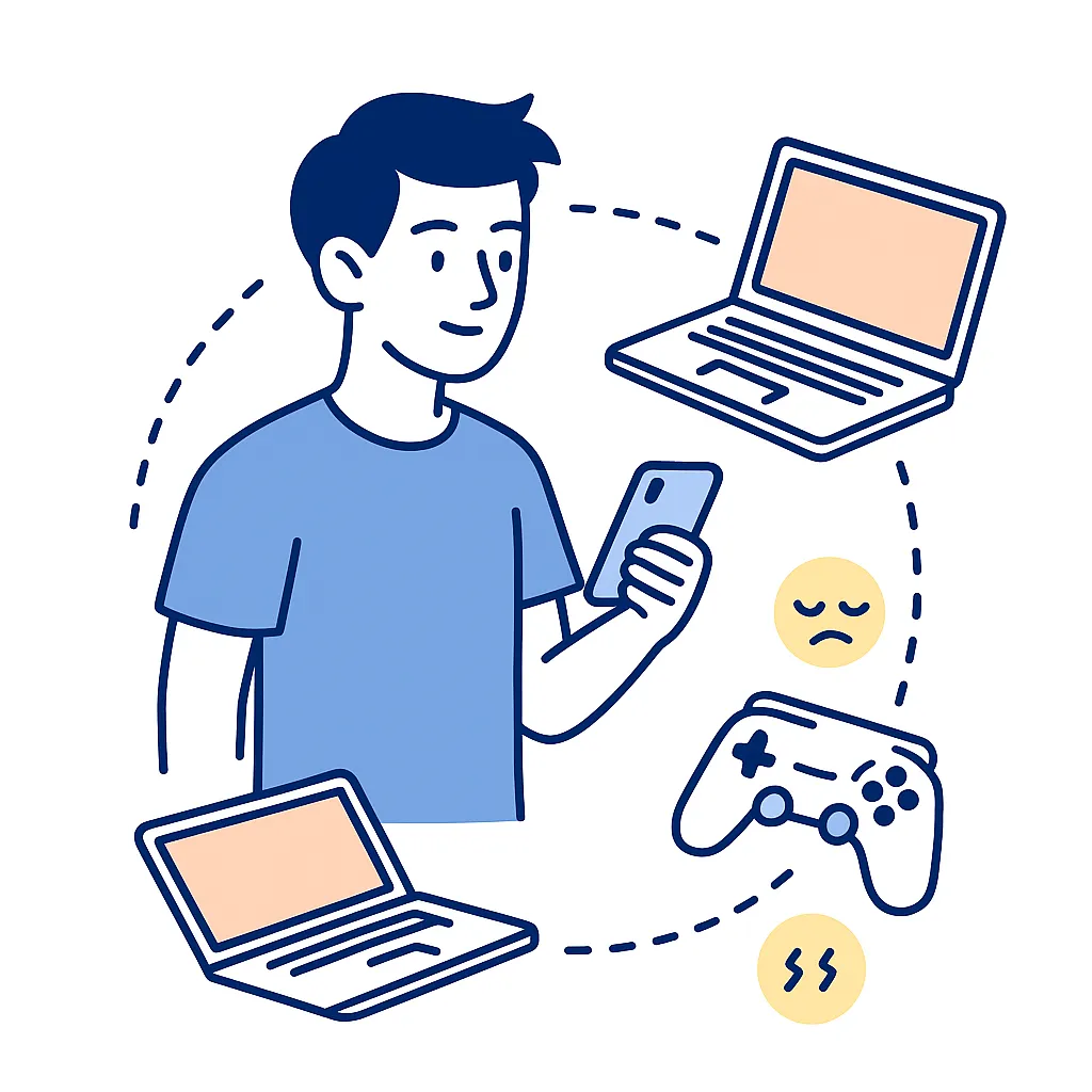 Person switching between phone, laptop and game controller illustrating the change from short gaming sessions to constant screen exposure.