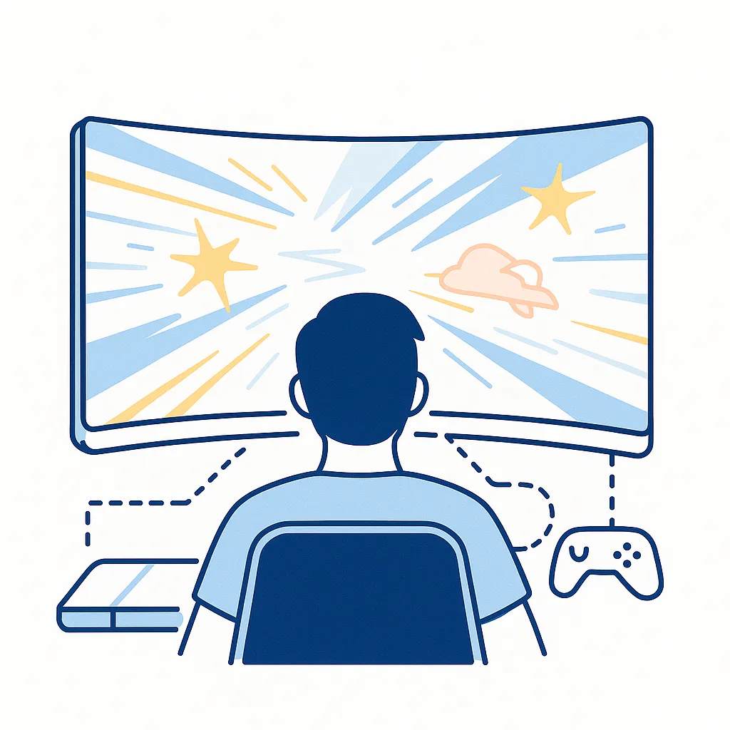 Gamer staring at a curved ultra-wide monitor filled with motion lines and bright HDR effects to represent modern gaming displays.