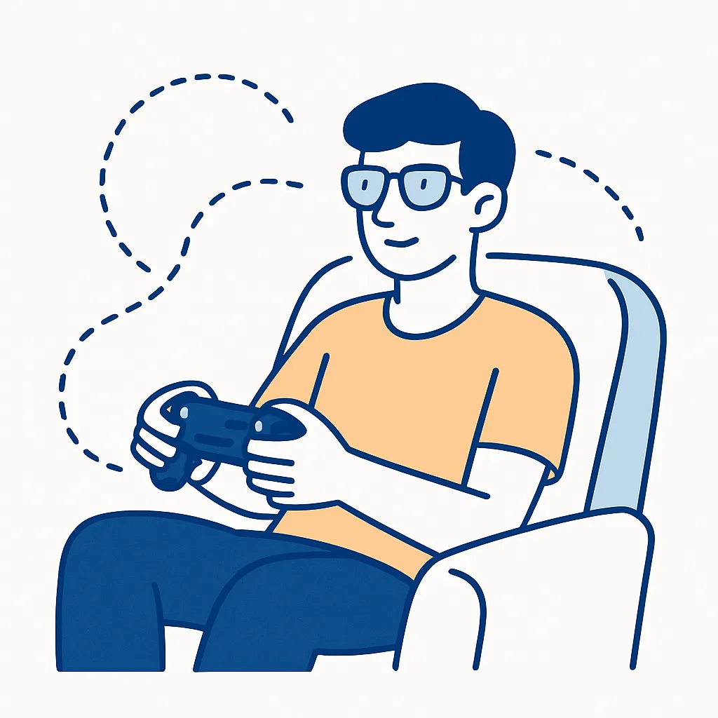Person lounging comfortably with a game controller showing a casual gaming session with dotted lines indicating short play.