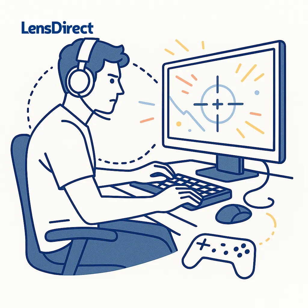 Competitive gamer at a desk with headset and crosshair on screen to illustrate intense concentration and quick reactions.