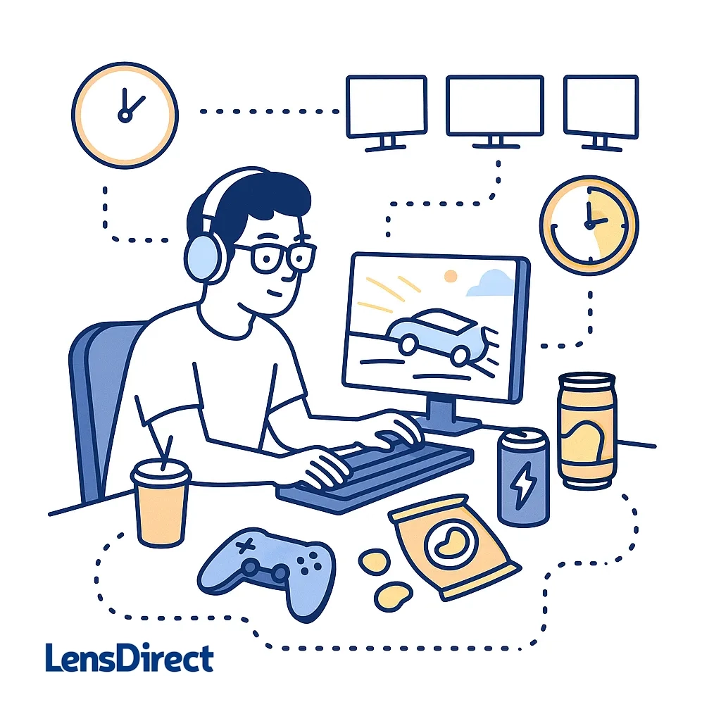 Gamer with multiple monitors, clocks and snacks representing extended play sessions and cumulative eye strain.