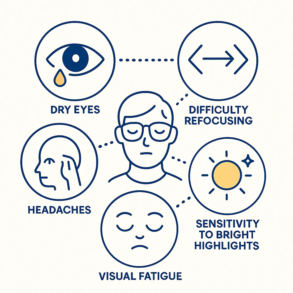 Infographic of icons for dry eyes, difficulty refocusing, headaches, sensitivity to brightness and general visual fatigue.