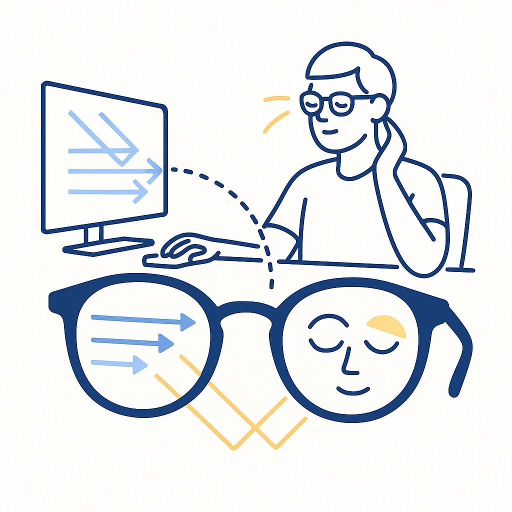 Scene of lenses filtering blue light while a gamer adjusts posture demonstrating how blue light glasses soften screen glare.