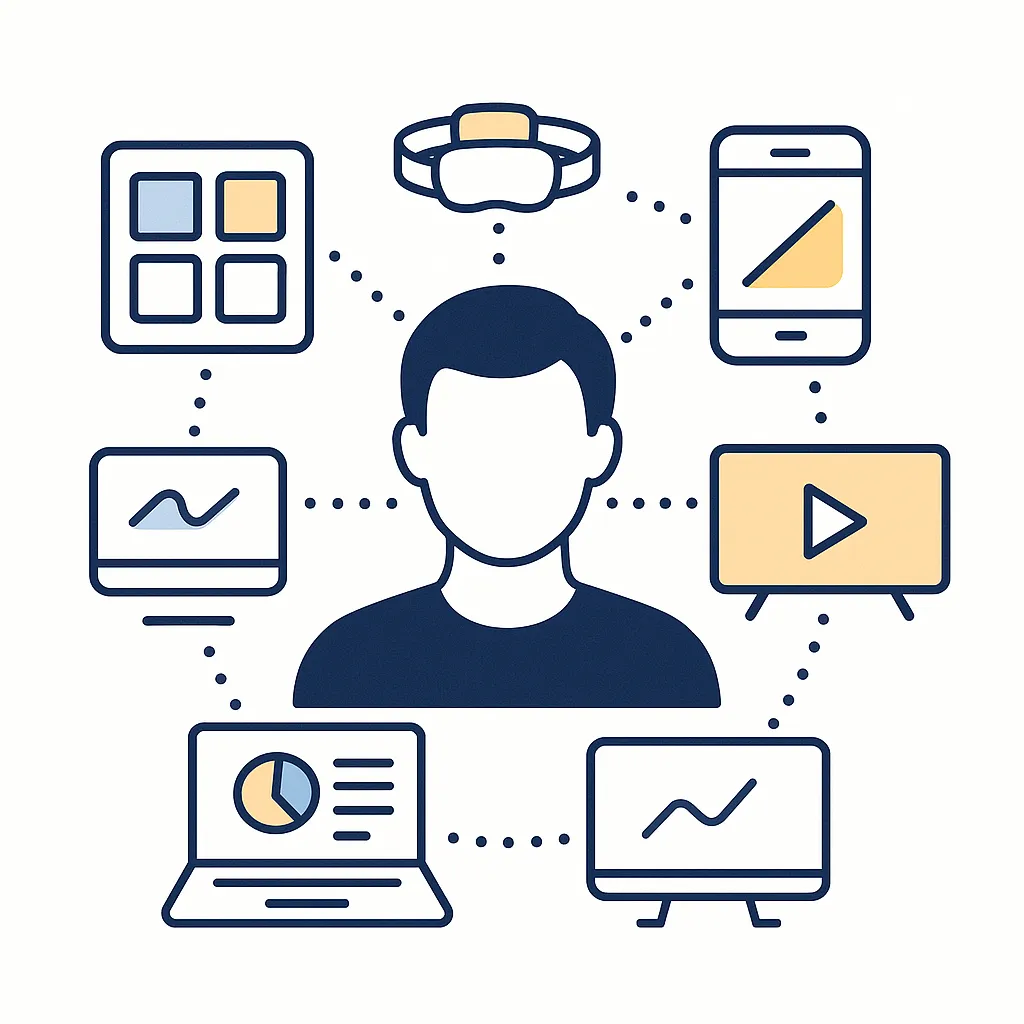 Illustration of a person surrounded by various screens connected by dotted lines symbolizing pervasive screen use from morning to night.
