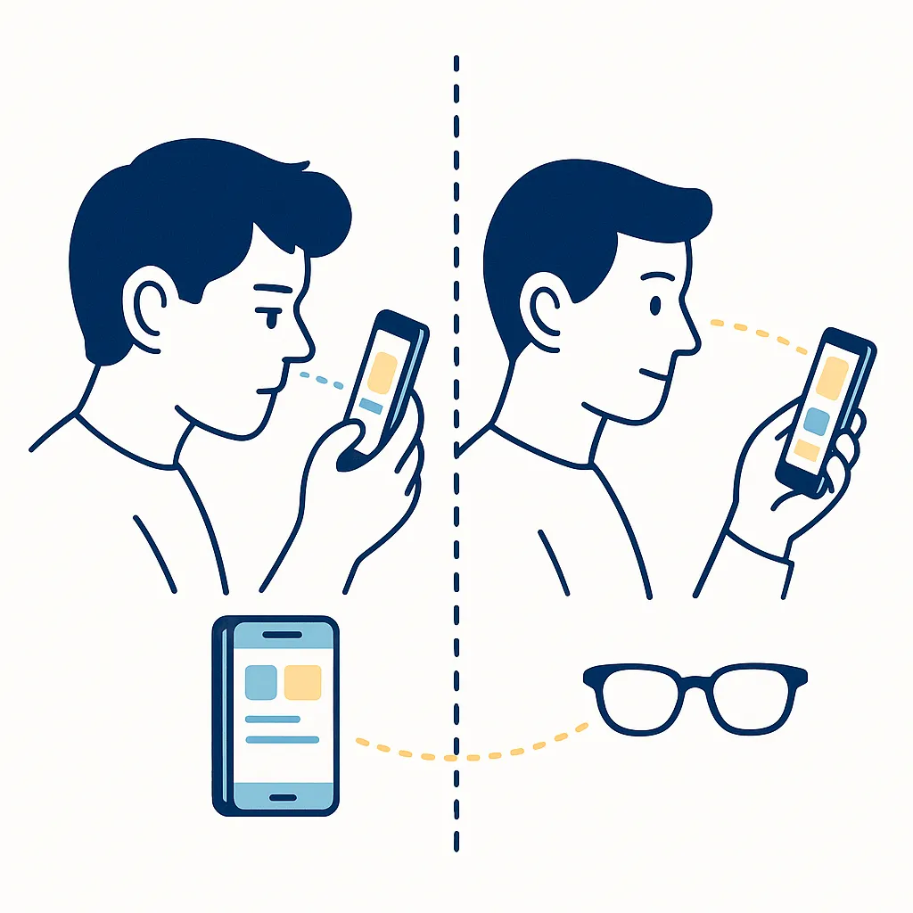 Split screen showing a person holding a phone close versus farther away with dotted lines illustrating eye strain reduction.