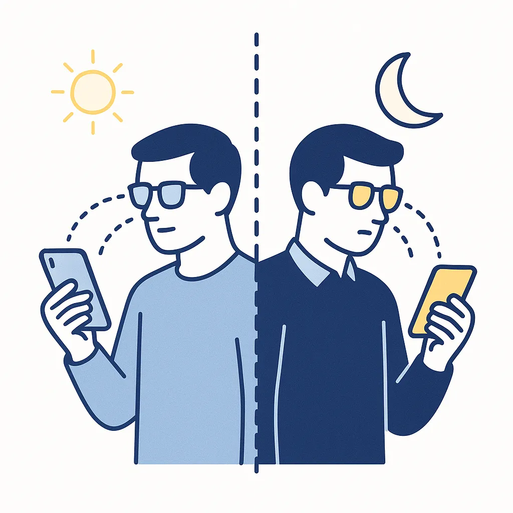 Dual panel of a person using a phone outdoors in sunlight and indoors under dim light with adaptive glasses and dotted lines.