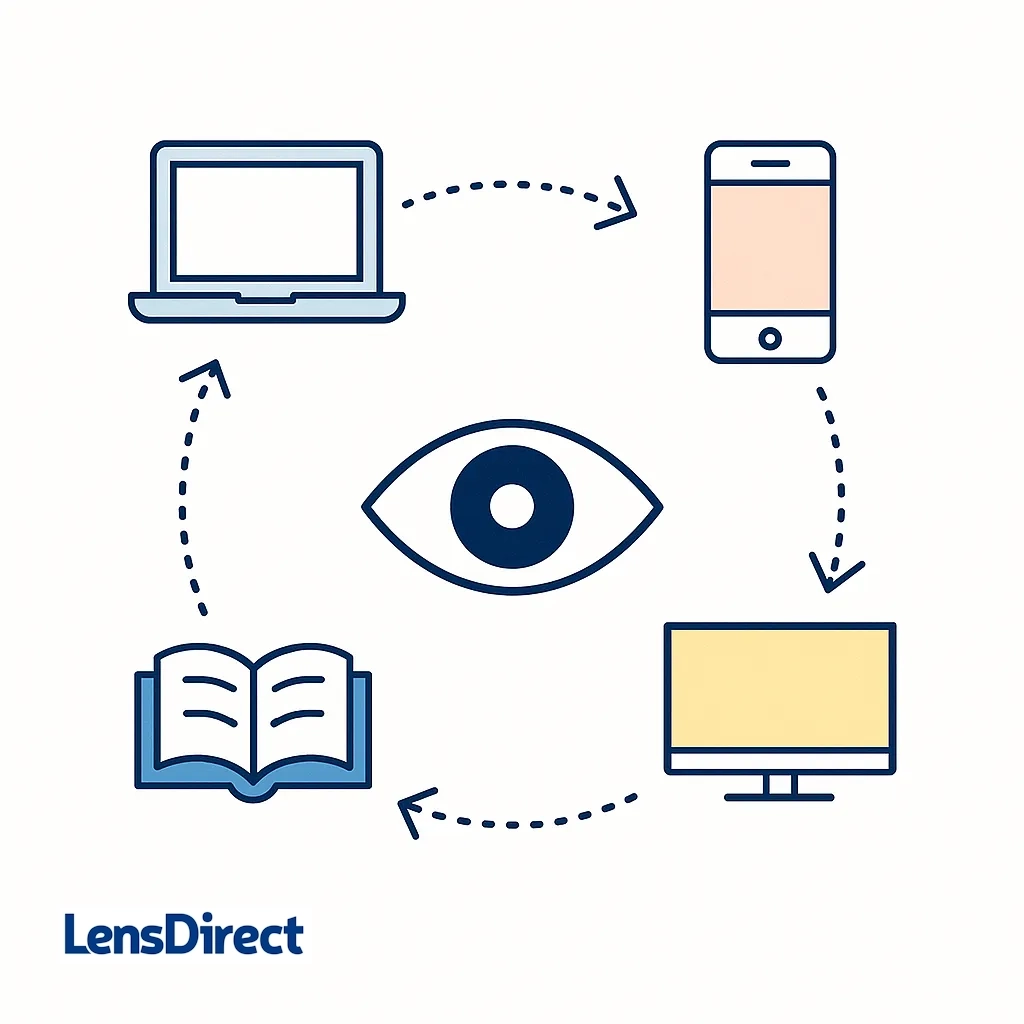 Circular diagram linking laptop, smartphone, TV and book icons around a central eye representing seamless device transitions.