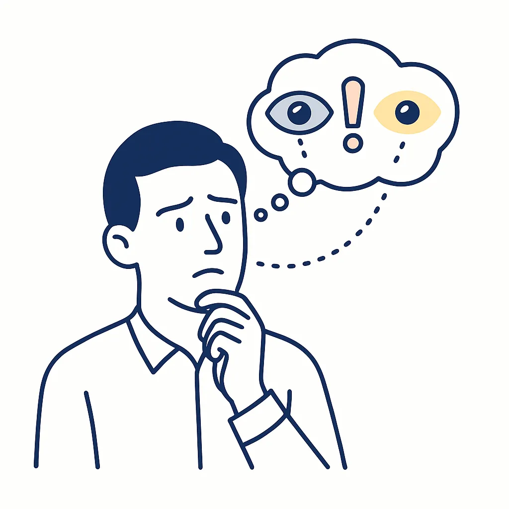 Person thinking with a thought bubble containing eyes and an exclamation mark connected by dotted lines to emphasize awareness.