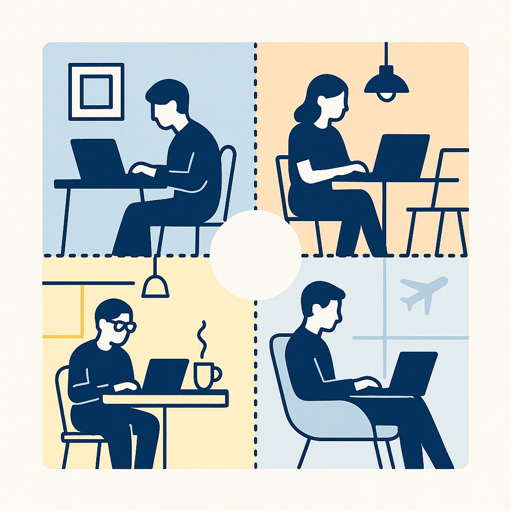 Split screen image showing workers in a home office, coworking space, coffee shop and airport lounge with a unified design.