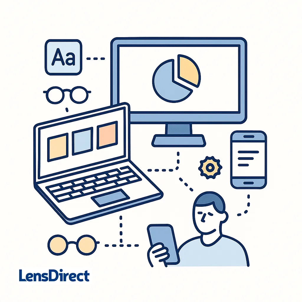 Overhead view of a laptop, monitor and phone linked by dotted lines with icons for font adjustments, glasses and positioning.