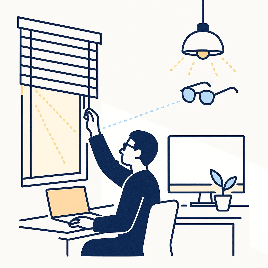 Scene of a person adjusting blinds by a window with computer and lamp showing how eyewear adapts to glare and indoor light.