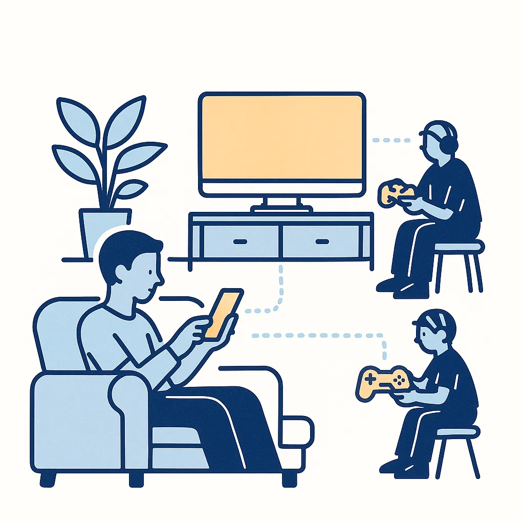 Living room illustration with family members gaming and using tablets connected by dotted lines to a TV emphasizing screen dominance.