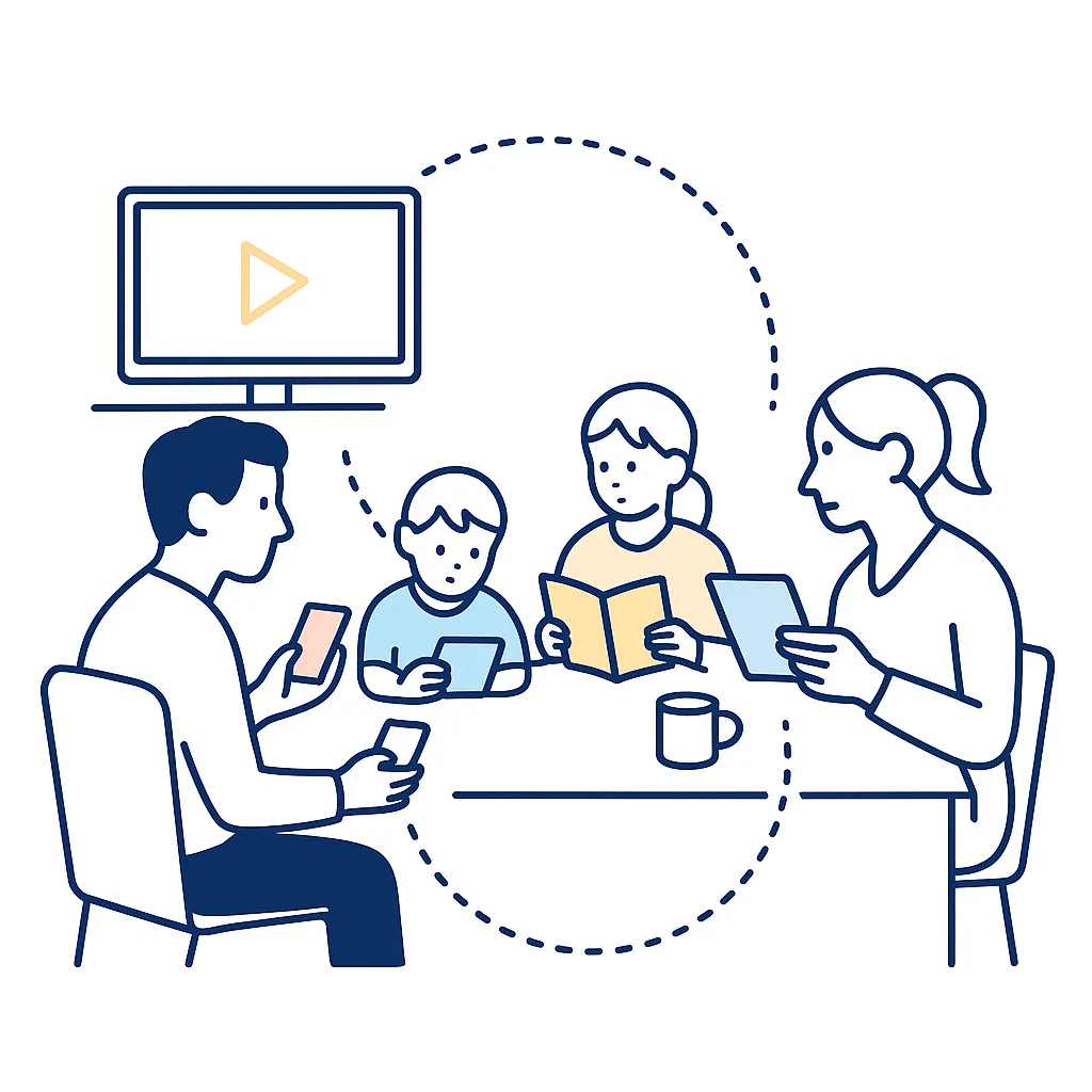Family at a dining table each using different devices such as a TV, phones and books connected by a dotted loop.