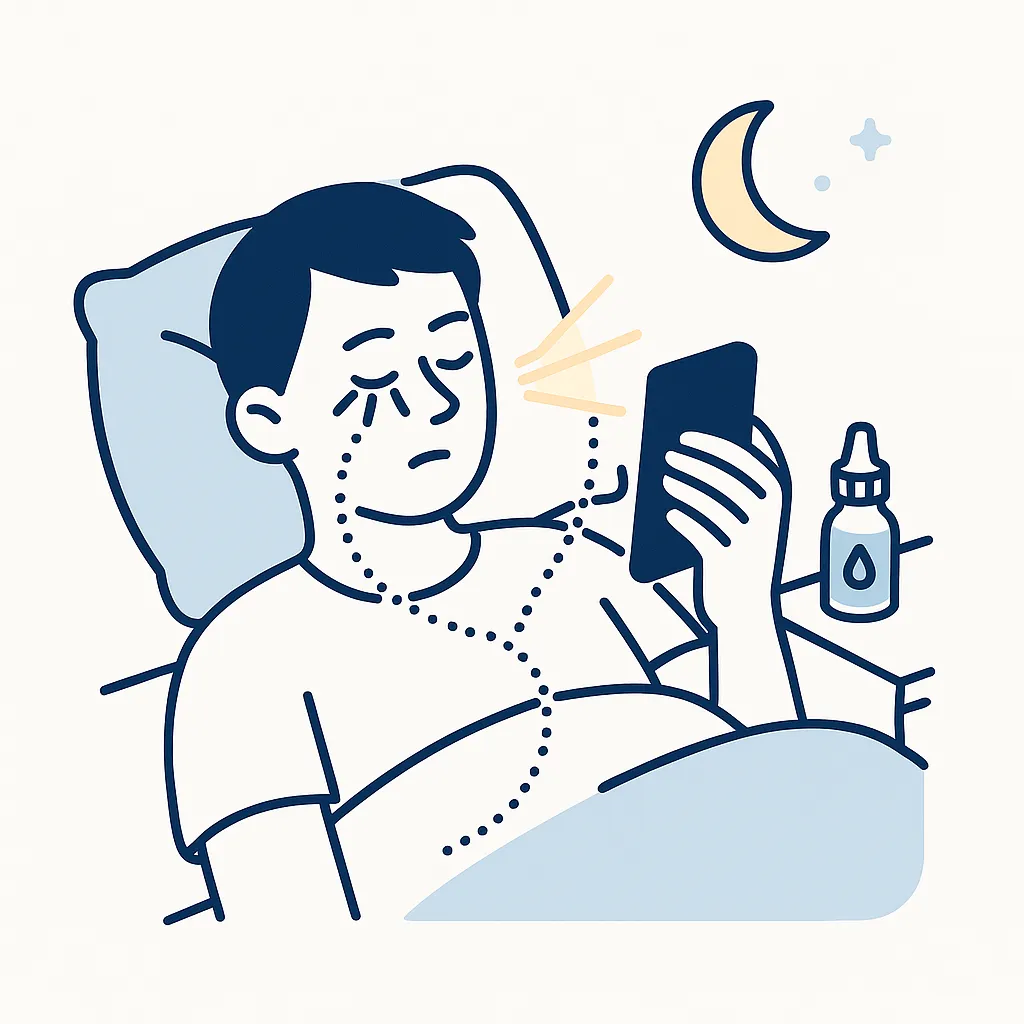 Person in bed using a smartphone at night with eye dryness lines and a dotted line to an eye drop bottle signifying night rituals.