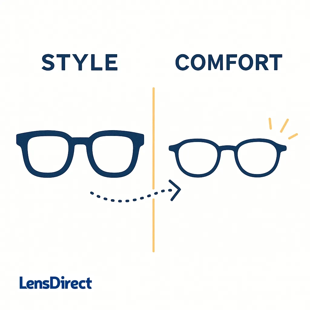 Illustration comparing bold style-focused glasses with sleek comfort-first frames, connected by a dotted arrow to show the trend shift.