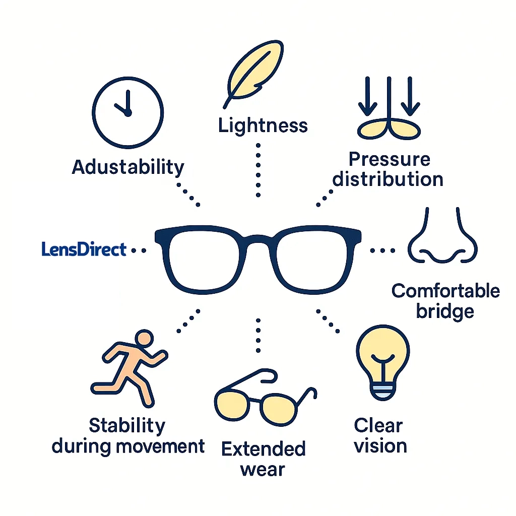 Eight icons surround glasses connected by dotted lines, depicting criteria like lightness, pressure distribution, stability, and adjustability.