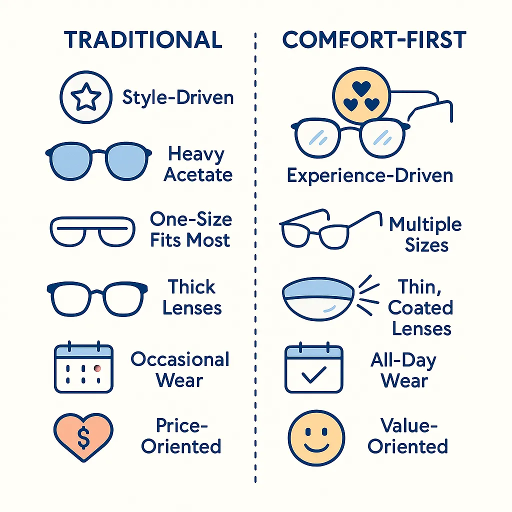 Side-by-side icons compare style-driven traditional eyewear to experience-driven comfort-first designs across materials and wear duration.