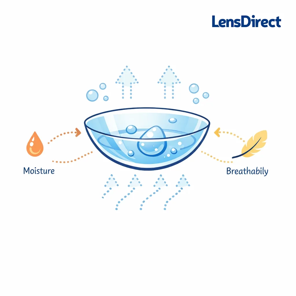 A contact lens infographic shows droplets and airflow arrows with dotted lines to illustrate moisture retention and breathability.