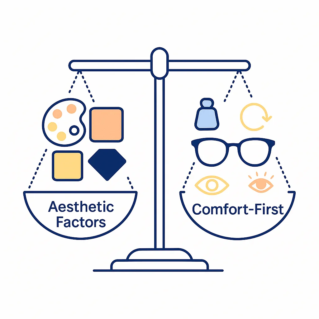 A scale tilts toward icons of comfort like lightness and visual ease versus aesthetic color swatches, highlighting new quality priorities in eyewear.