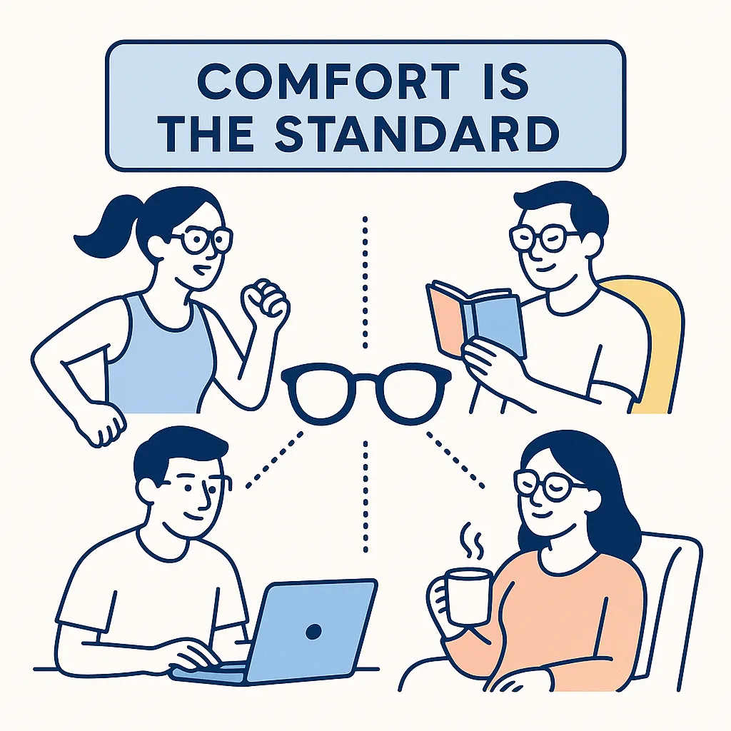 People working, exercising, reading, and relaxing wear comfortable glasses connected by dotted lines to a banner stating comfort is the standard.