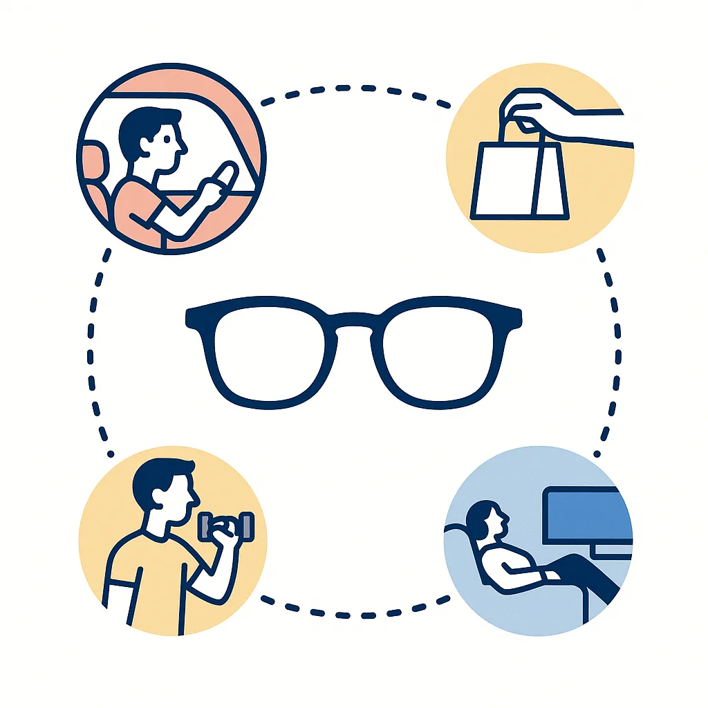 Icons of commute, workout, shopping, and relaxation encircle a pair of glasses, showing seamless all-day use with dotted connections.