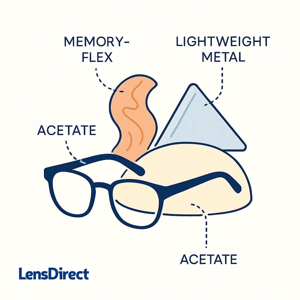 An infographic highlighting acetate, memory-flex, and lightweight metal materials with dotted labels illustrating flexibility and lightness.